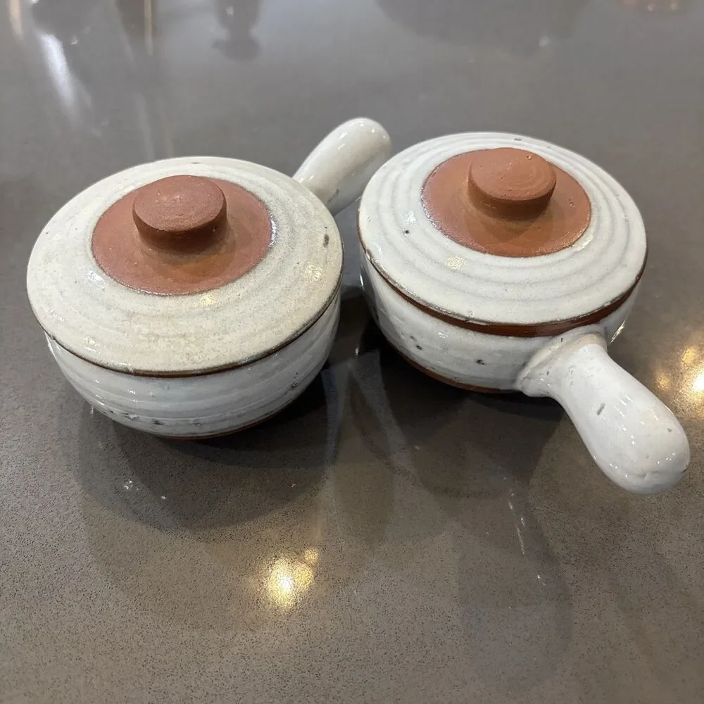 Set 2 Clay Pottery Covered Bean Pot Soup Bowl Crock Glazed Set 2 W Lids